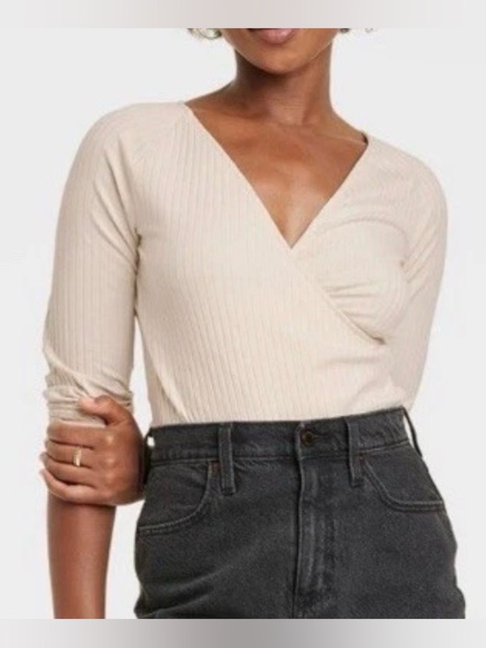 Universal Thread Beige Ribbed V-Neck Long Sleeve Top